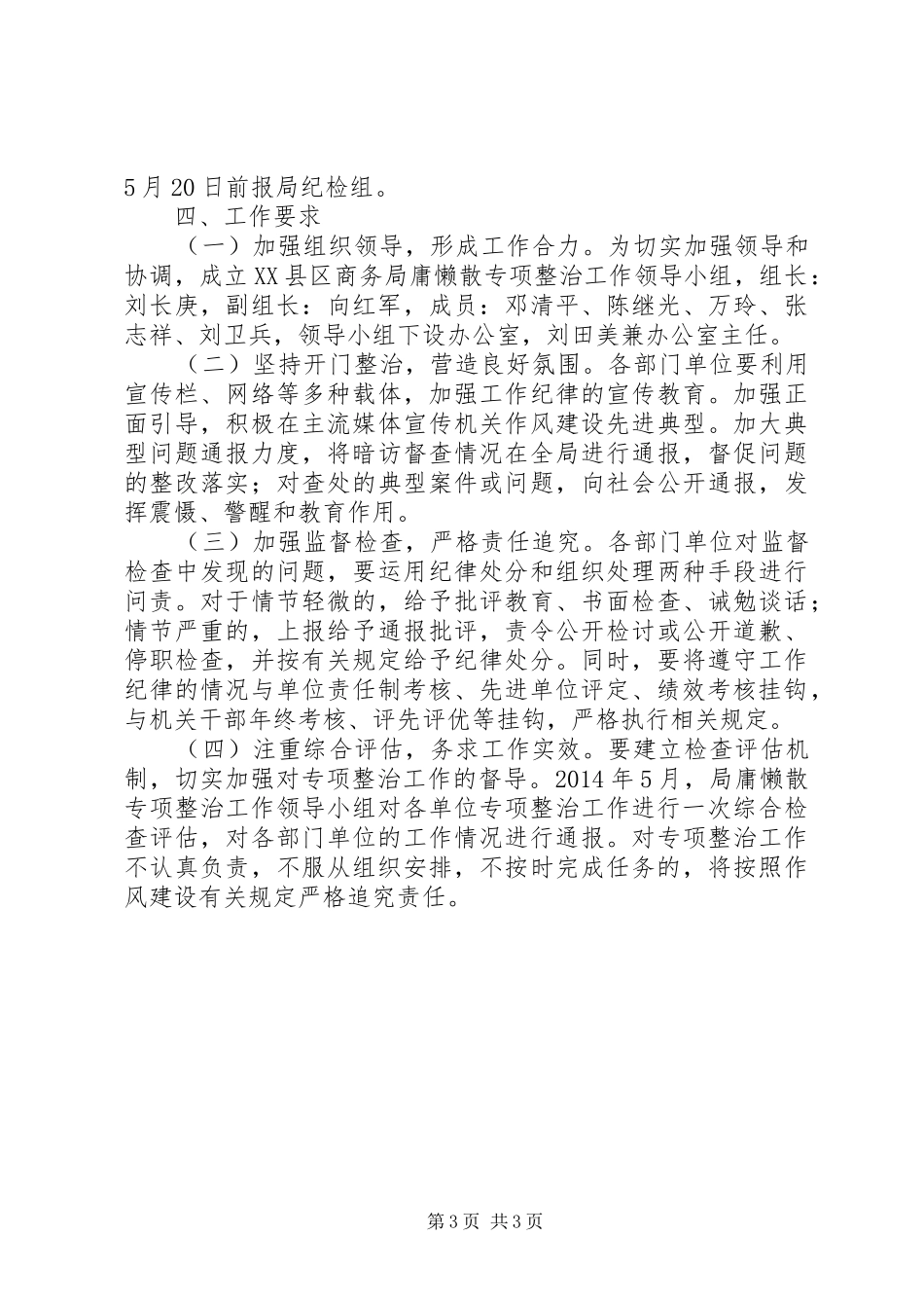 专项整治实施方案XX年XX县区商务局“庸懒散”专项整治工作实施方案 _第3页