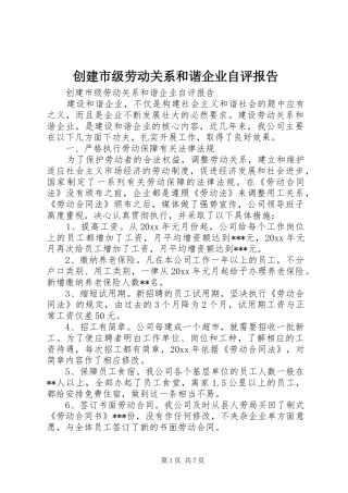 创建市级劳动关系和谐企业自评报告 