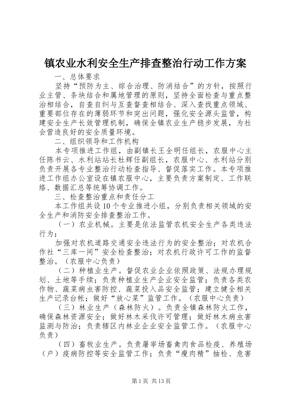 镇农业水利安全生产排查整治行动工作方案_第1页