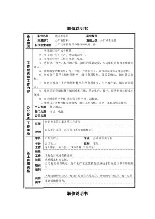 成本核算员职位说明书