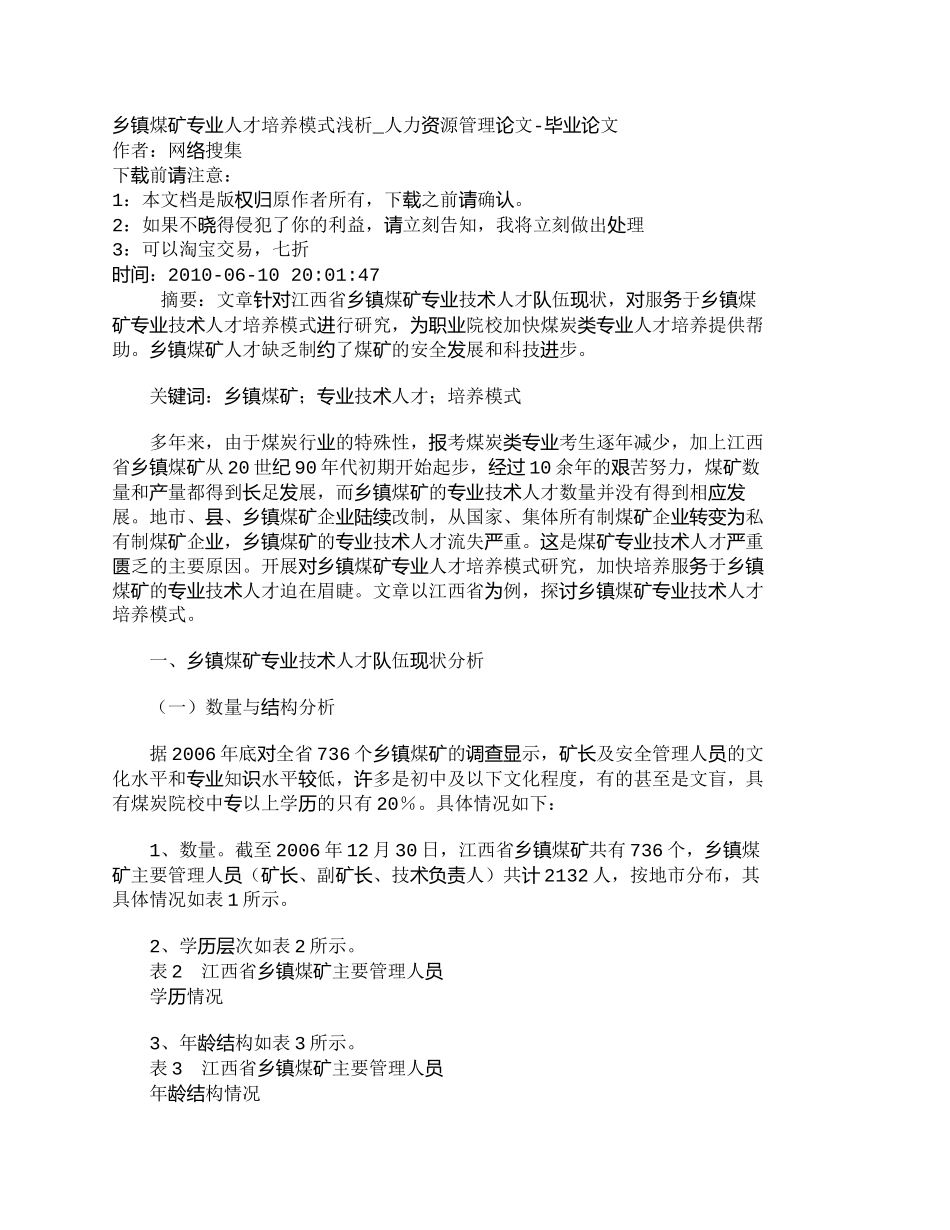 【精品文档-管理学】乡镇煤矿专业人才培养模式浅析_人力资源管_第1页
