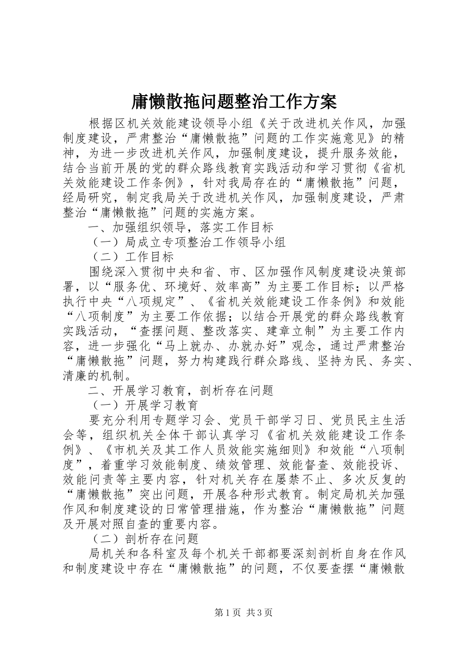 庸懒散拖问题整治工作方案_第1页