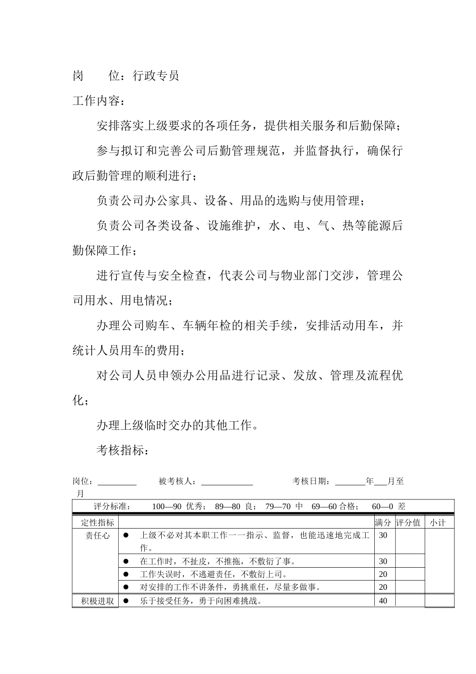 岗位工作内容和年度定性考核指标-行政专员_第1页