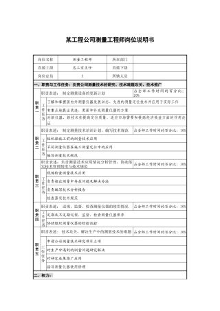 某工程公司测量工程师岗位说明书