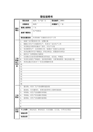 炼铁厂生产副厂长职位说明书