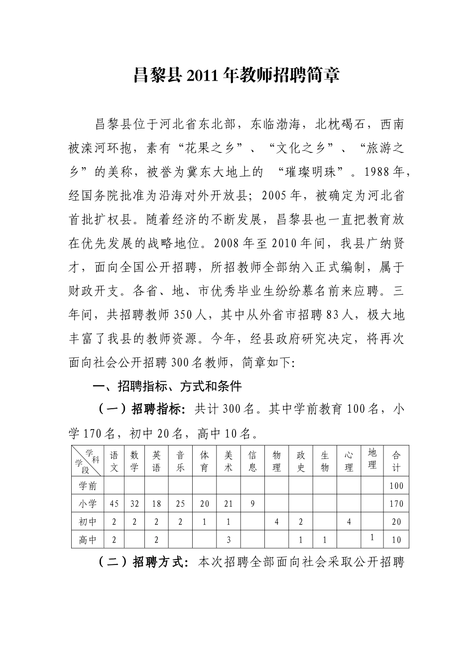 昌黎县XXXX年教师招聘简章_第1页