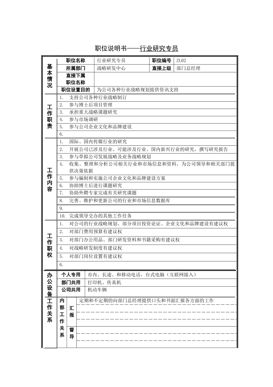 岗位说明书——行业研究专员_第1页
