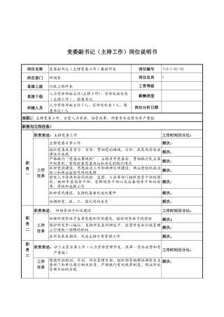 军工行业-党委副书记（主持工作）岗位说明书