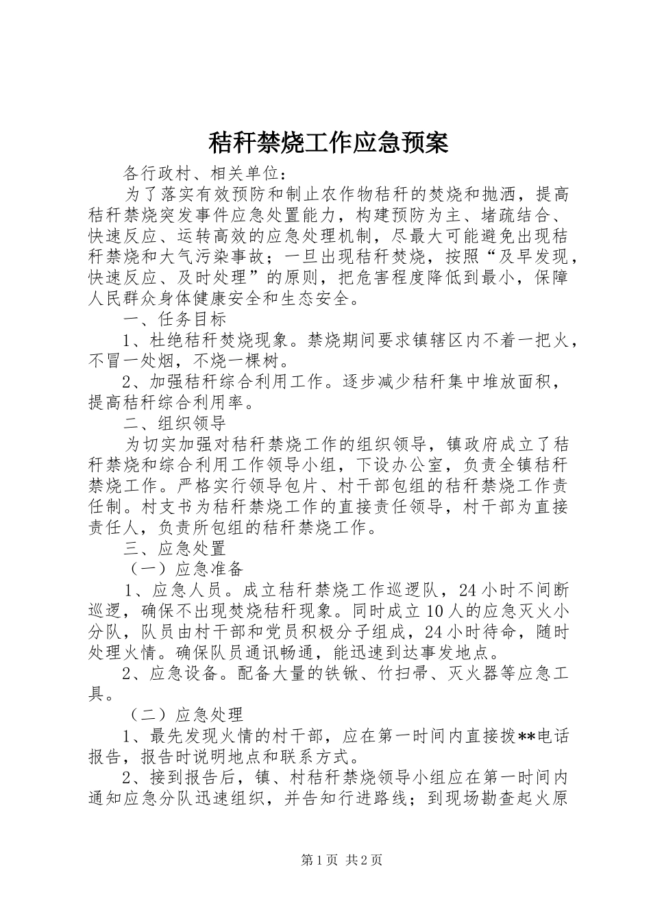 秸秆禁烧工作应急处理预案 _第1页