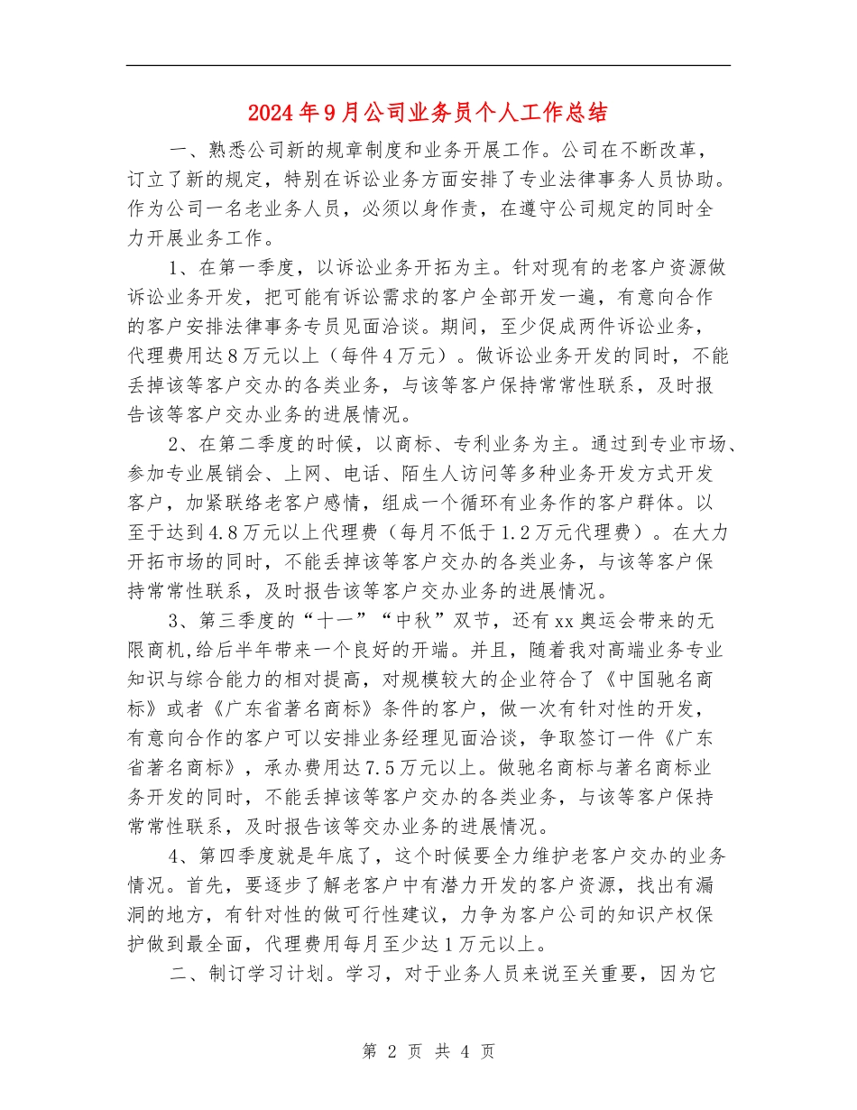 2024年9月公司业务员个人工作总结_第2页
