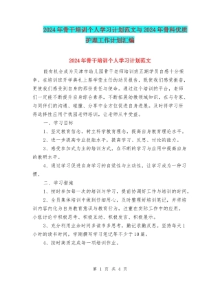 2024年骨干培训个人学习计划范文与2024年骨科优质护理工作计划汇编