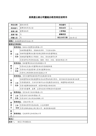 某高速公路公司董秘办职员岗位说明书