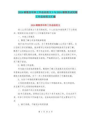 2024销售员年终工作总结范文3与2024销售员试用期工作总结范文汇编