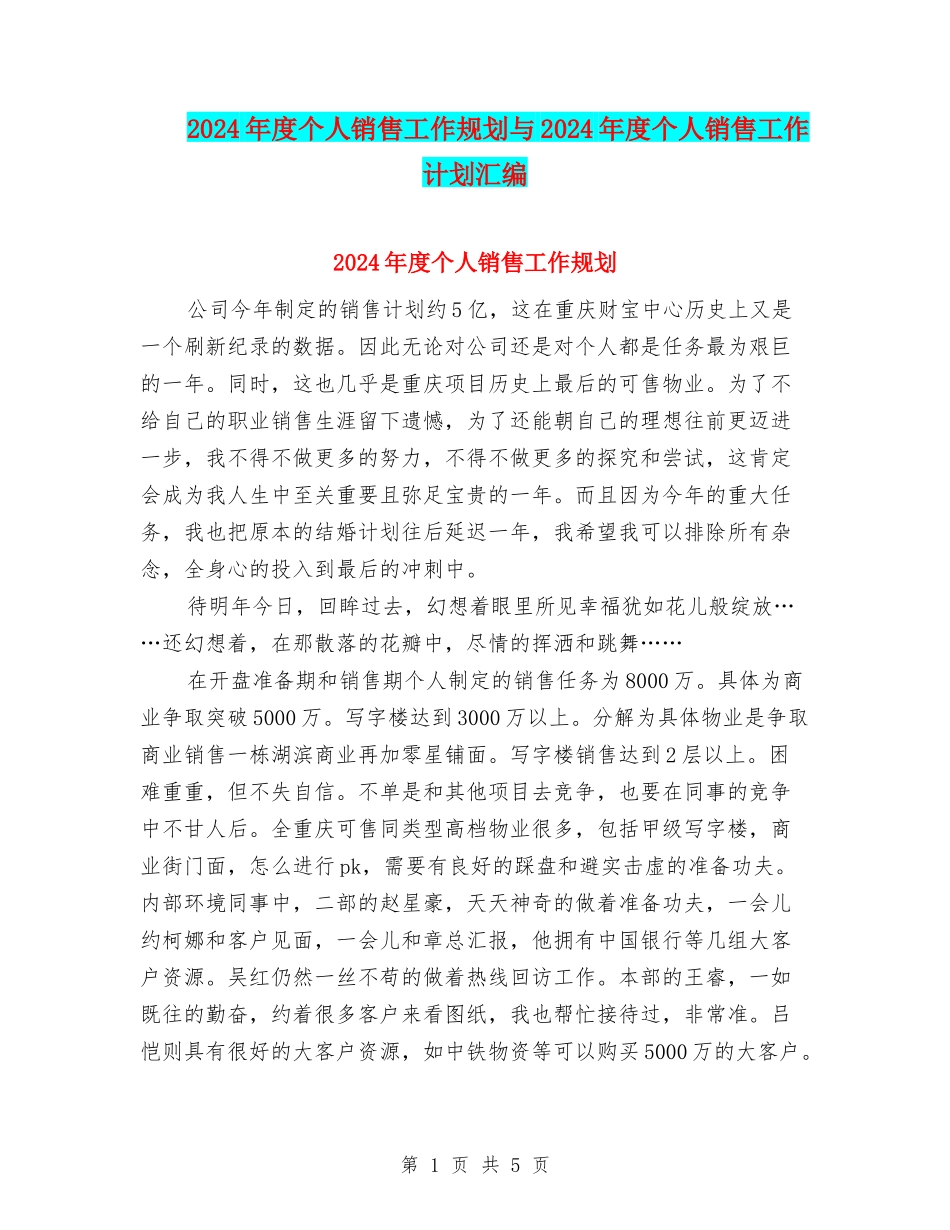 2024年度个人销售工作规划与2024年度个人销售工作计划汇编_第1页