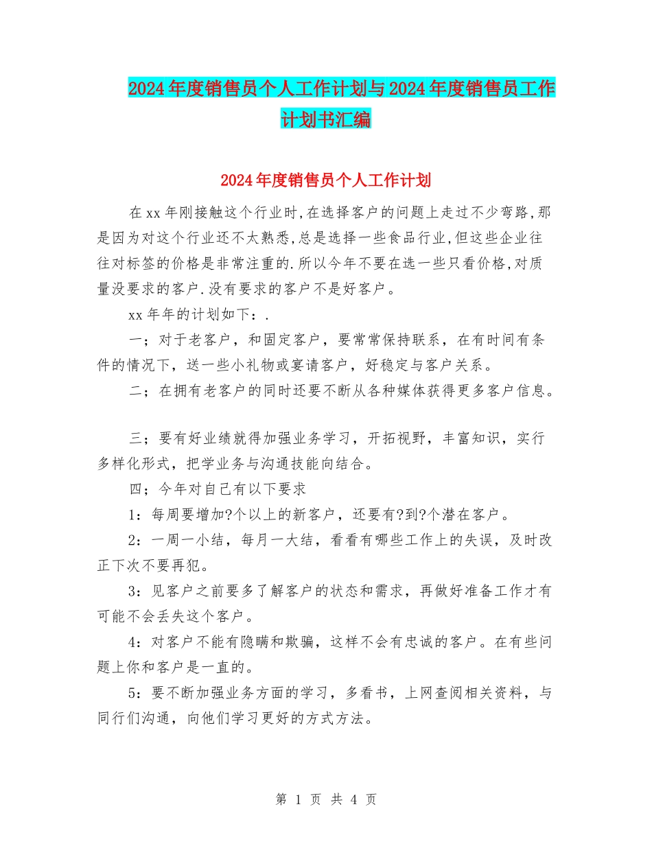 2024年度销售员个人工作计划与2024年度销售员工作计划书汇编_第1页