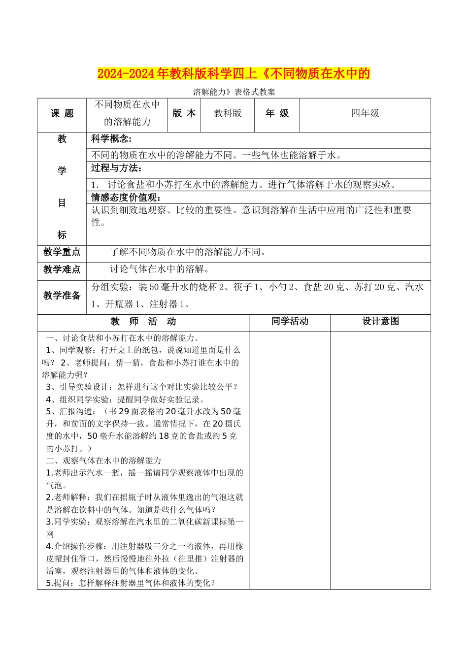 2024-2024年教科版科学四上《不同物质在水中的溶解能力》表格式教案_第1页