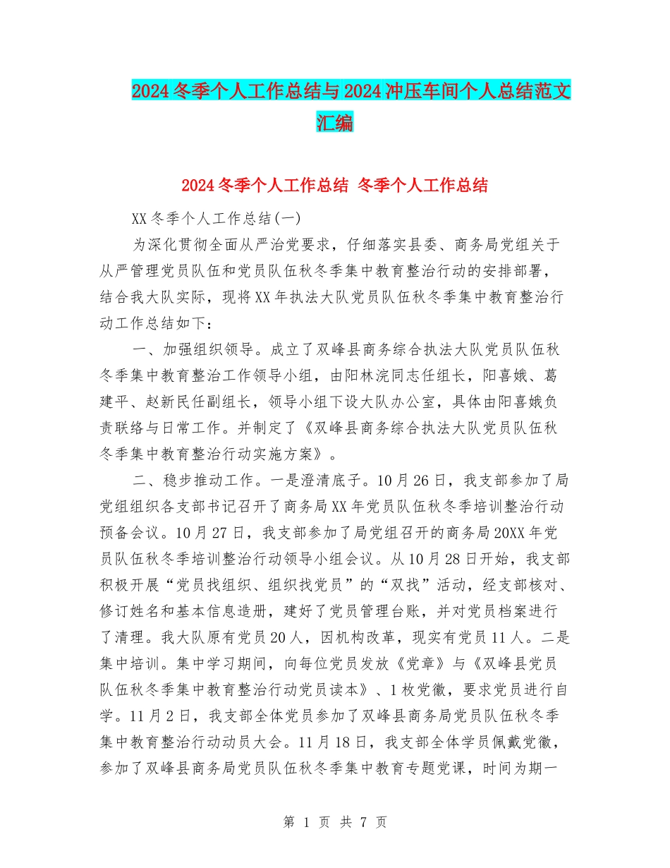 2024冬季个人工作总结与2024冲压车间个人总结范文汇编_第1页