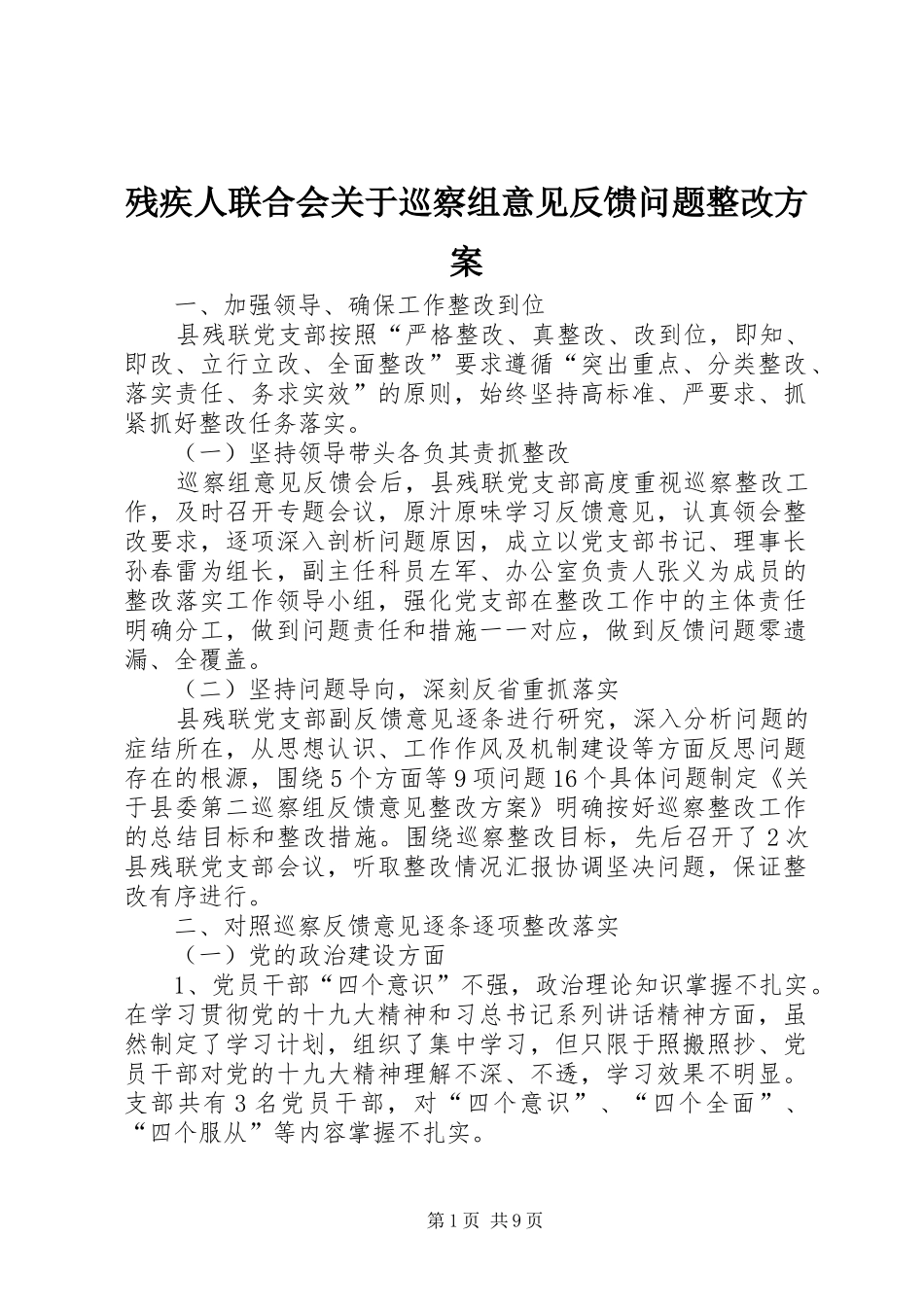 残疾人联合会关于巡察组意见反馈问题整改实施方案 _第1页