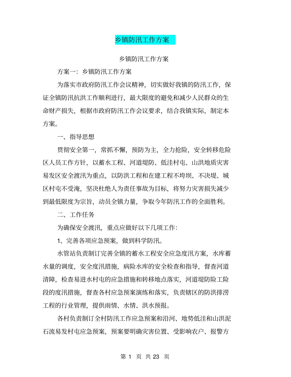 乡镇防汛工作方案_第1页