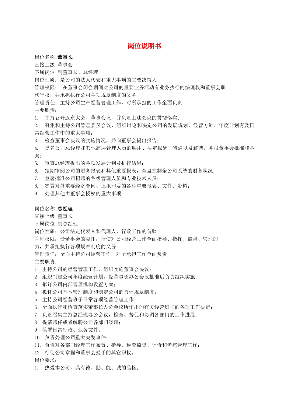 某公司近50个岗位的岗位说明书_第1页