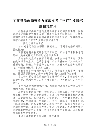 某某县民政局整改实施方案落实及“三百”实践活动情况汇报 