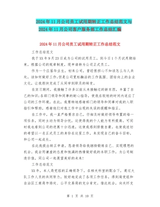 2024年11月公司员工试用期转正工作总结范文与2024年11月公司客户服务部工作总结汇编