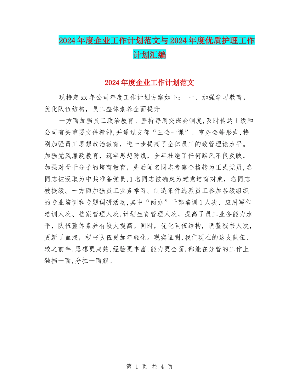 2024年度企业工作计划范文与2024年度优质护理工作计划汇编_第1页