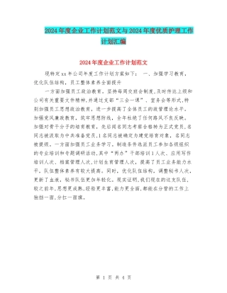 2024年度企业工作计划范文与2024年度优质护理工作计划汇编