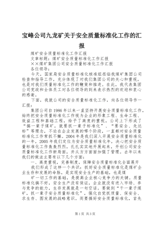宝峰公司九龙矿关于安全质量标准化工作的汇报 