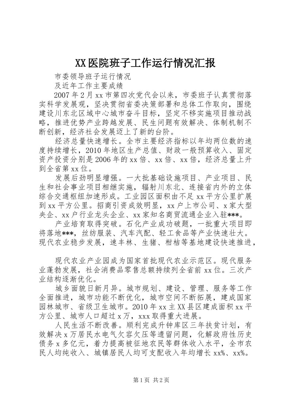 XX医院班子工作运行情况汇报 _第1页