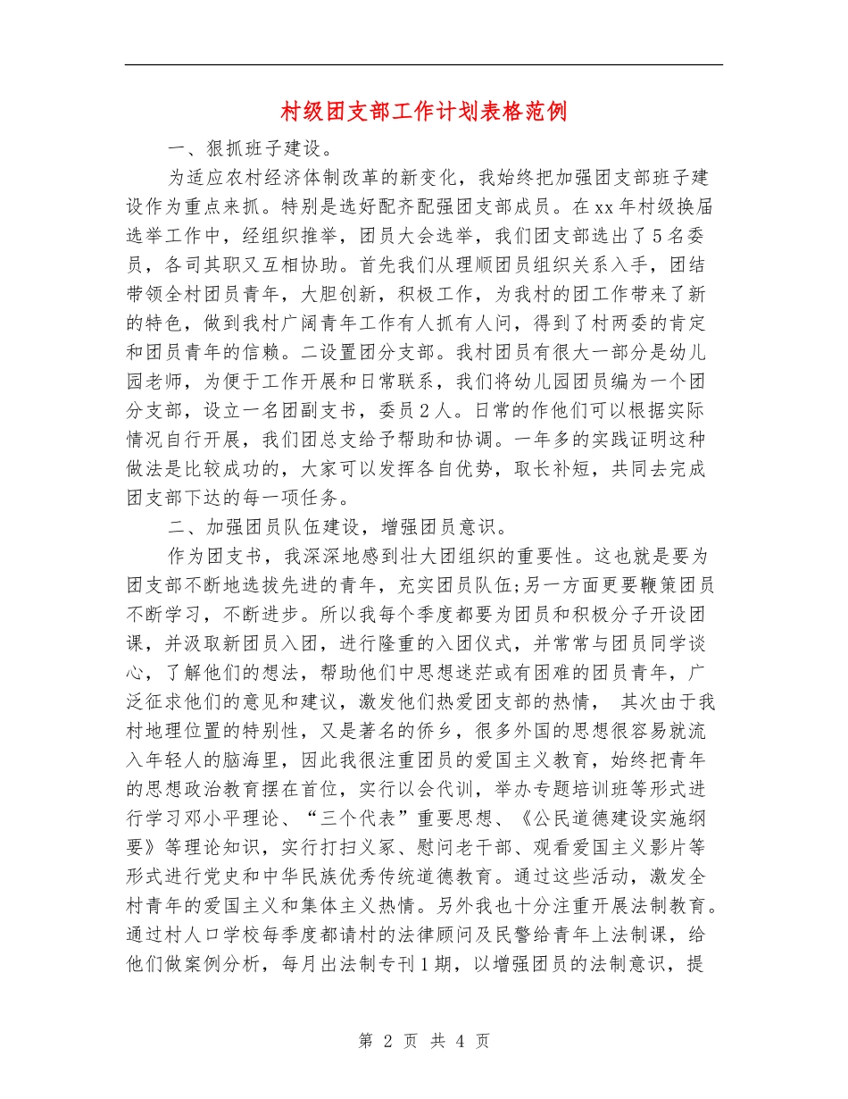 村级团支部工作计划表格范例_第2页