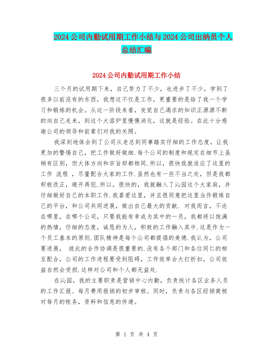 2024公司内勤试用期工作小结与2024公司出纳员个人总结汇编_第1页