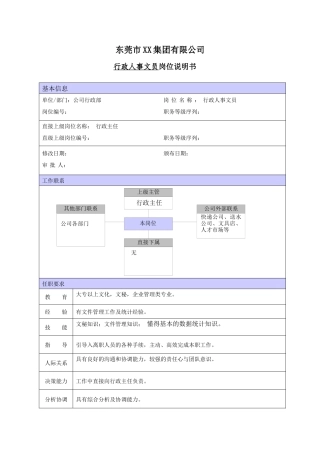 XX商场行政人事文员职位说明书