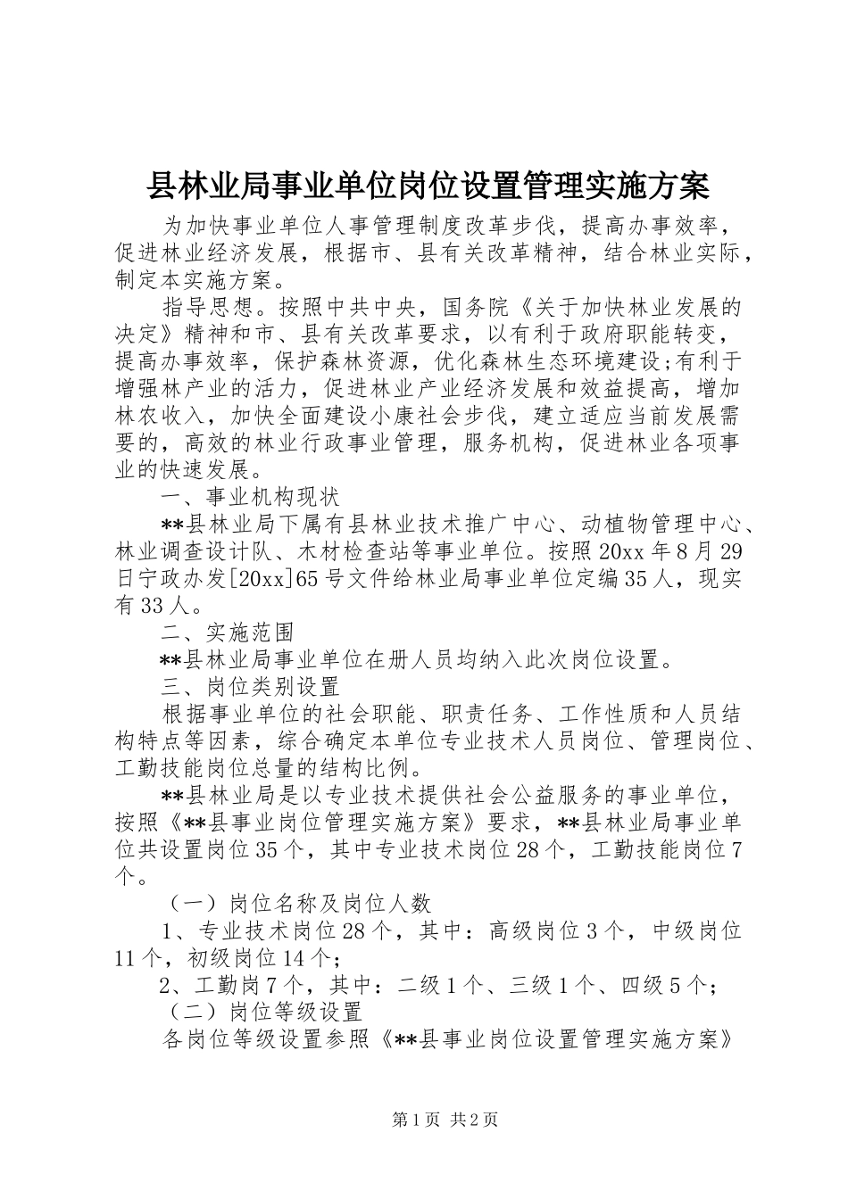 县林业局事业单位岗位设置管理实施方案_第1页