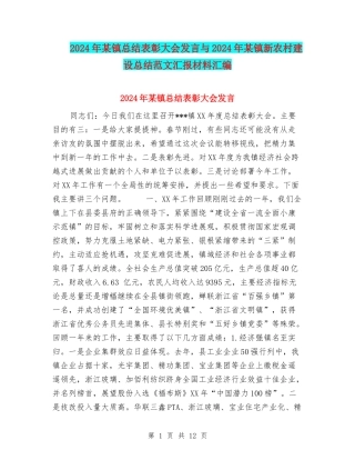 2024年某镇总结表彰大会发言与2024年某镇新农村建设总结范文汇报材料汇编