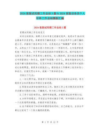 2024客服试用期工作总结3篇与2024客服话务员个人年终工作总结模板汇编