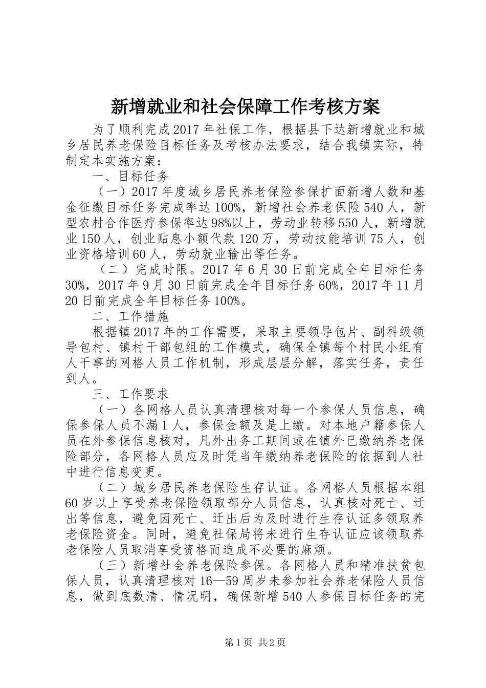 新增就业和社会保障工作考核实施方案 _第1页