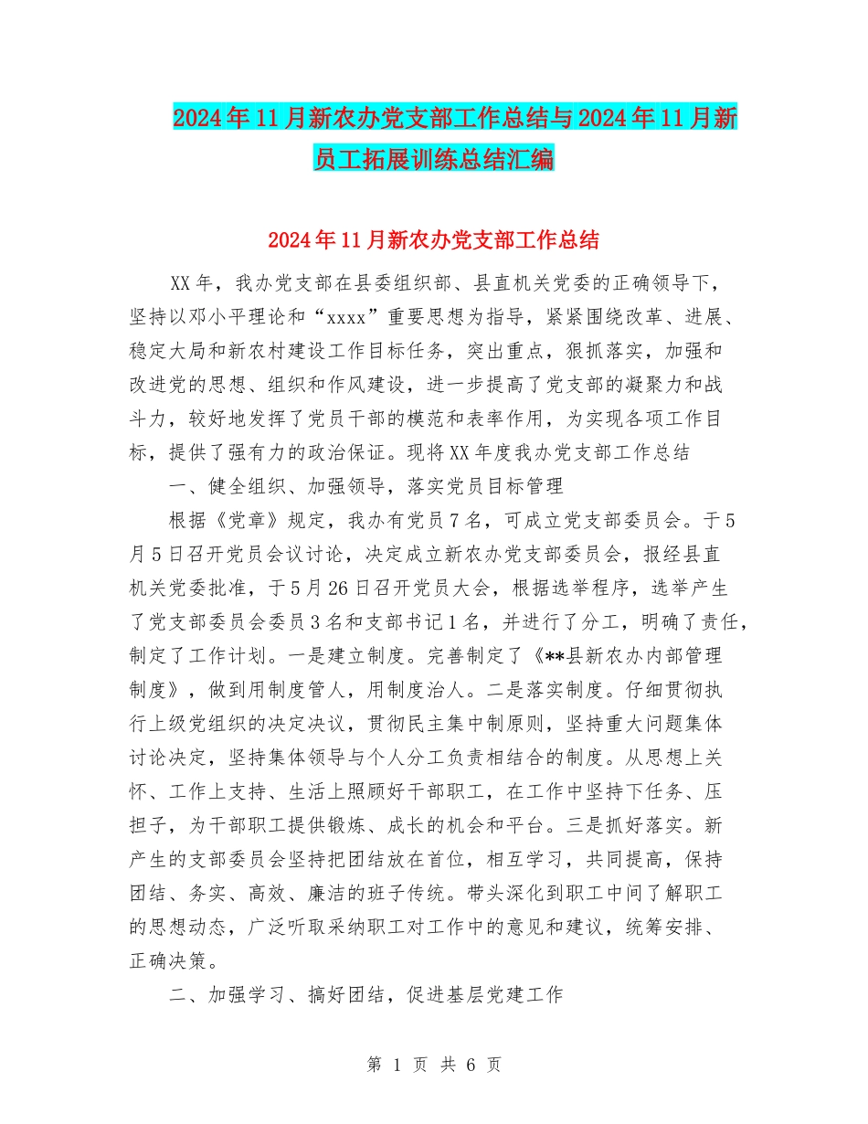 2024年11月新农办党支部工作总结与2024年11月新员工拓展训练总结汇编_第1页