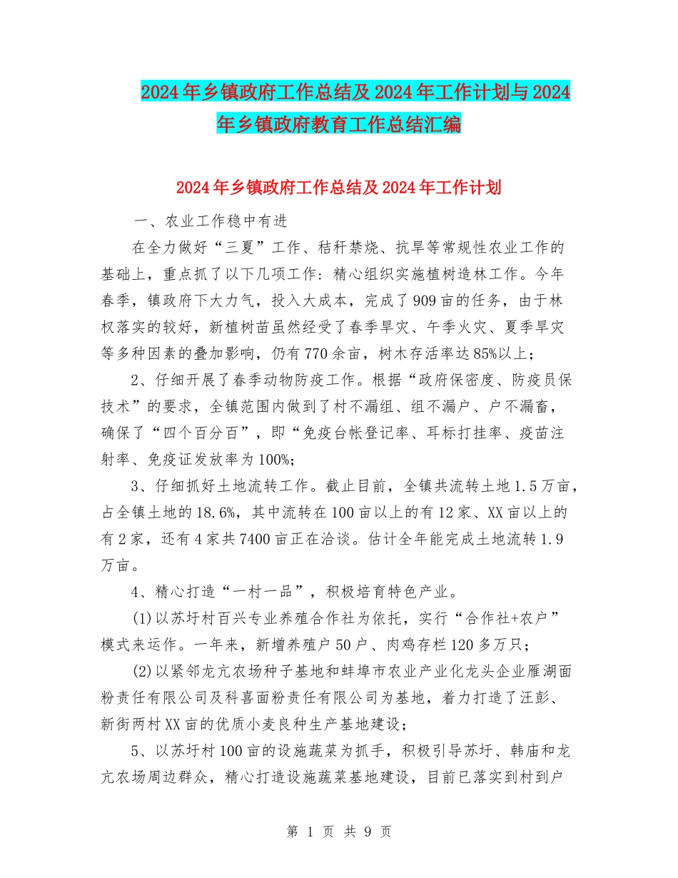 2024年乡镇政府工作总结及2024年工作计划与2024年乡镇政府教育工作总结汇编_第1页
