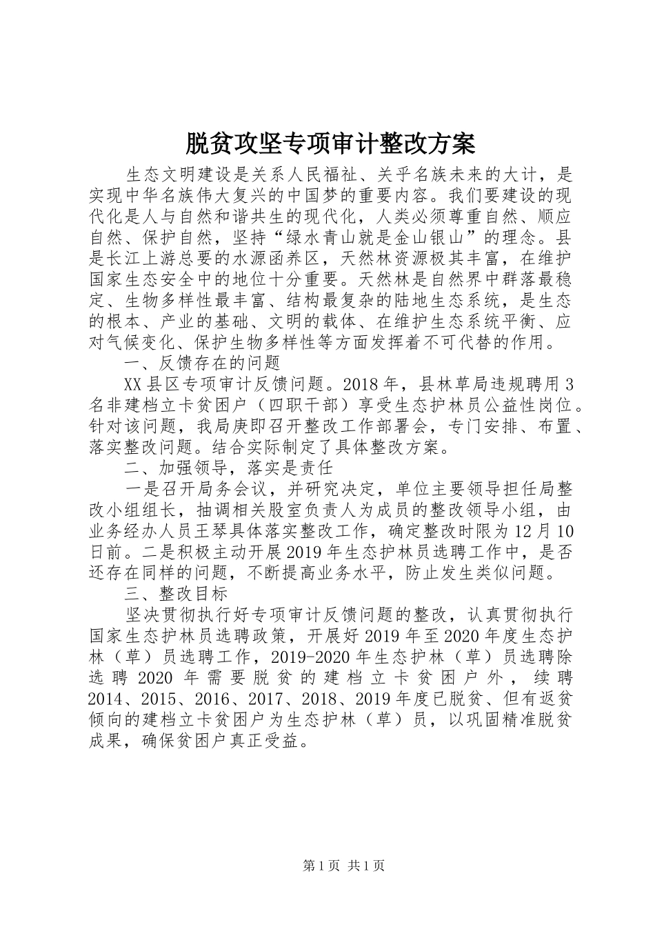 脱贫攻坚专项审计整改方案_第1页