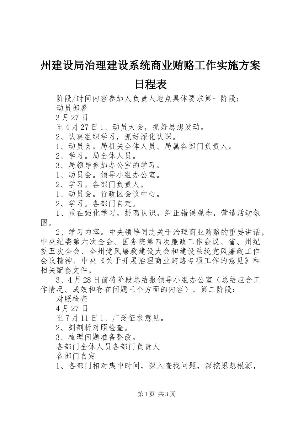 州建设局治理建设系统商业贿赂工作实施方案日程表_第1页