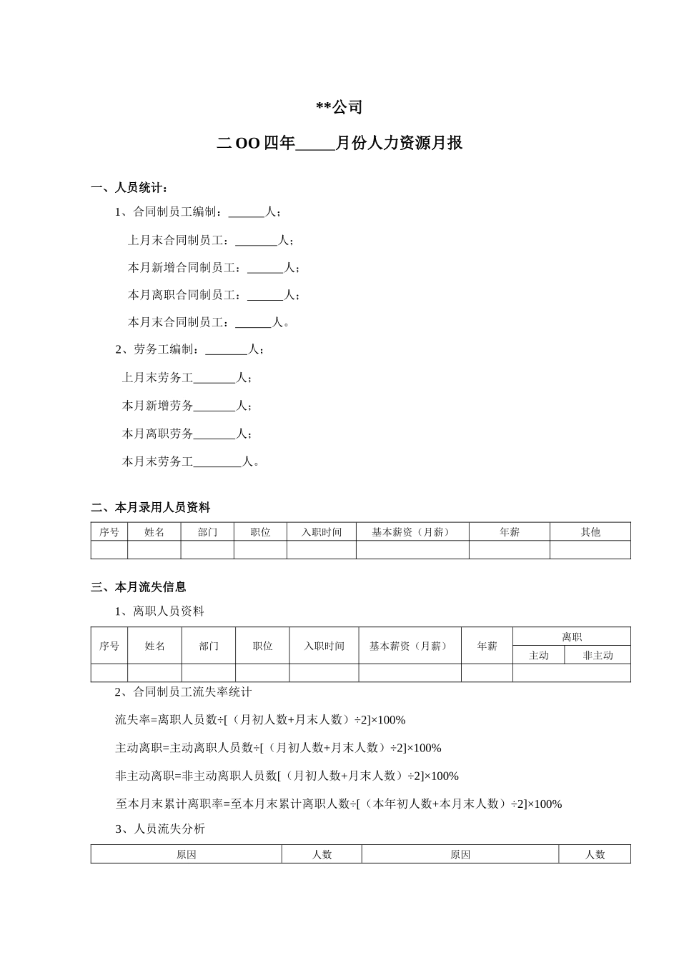 某公司月度人力资源总结模版_第1页