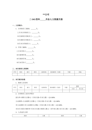 某公司月度人力资源总结模版