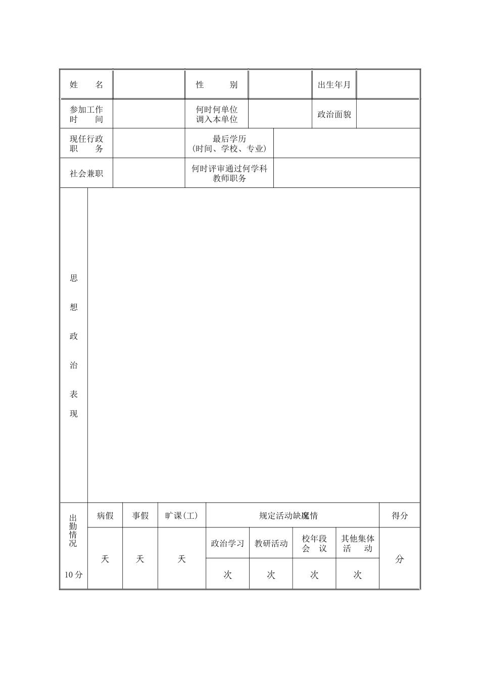 福建省中小学教师职务考评登记表_第2页