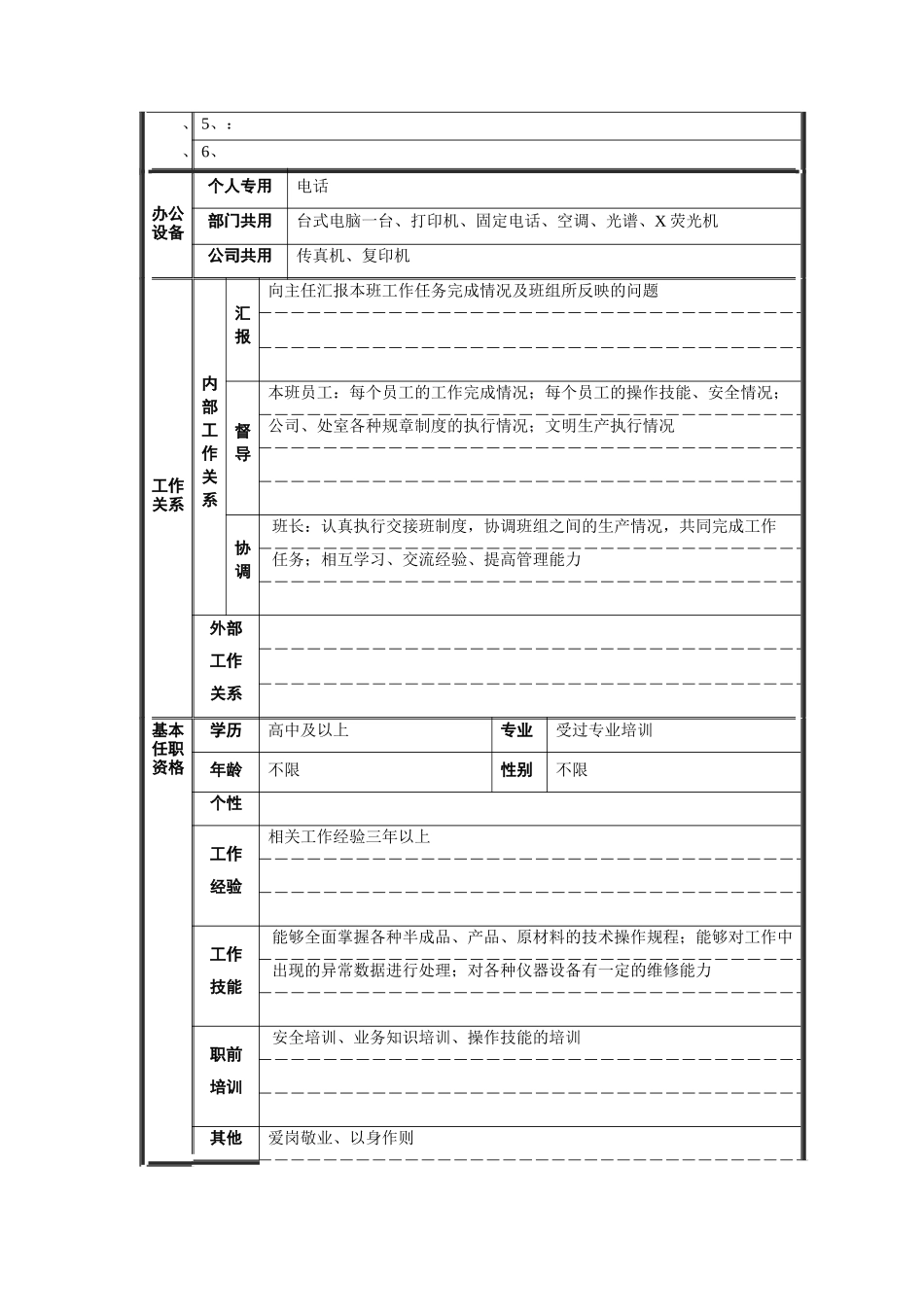 中心化验班长职位说明书_第2页