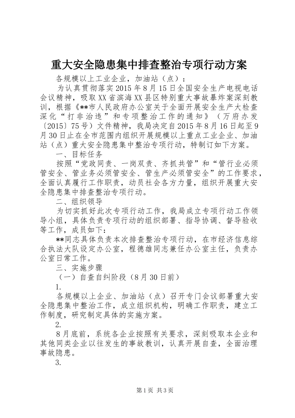重大安全隐患集中排查整治专项行动方案_第1页