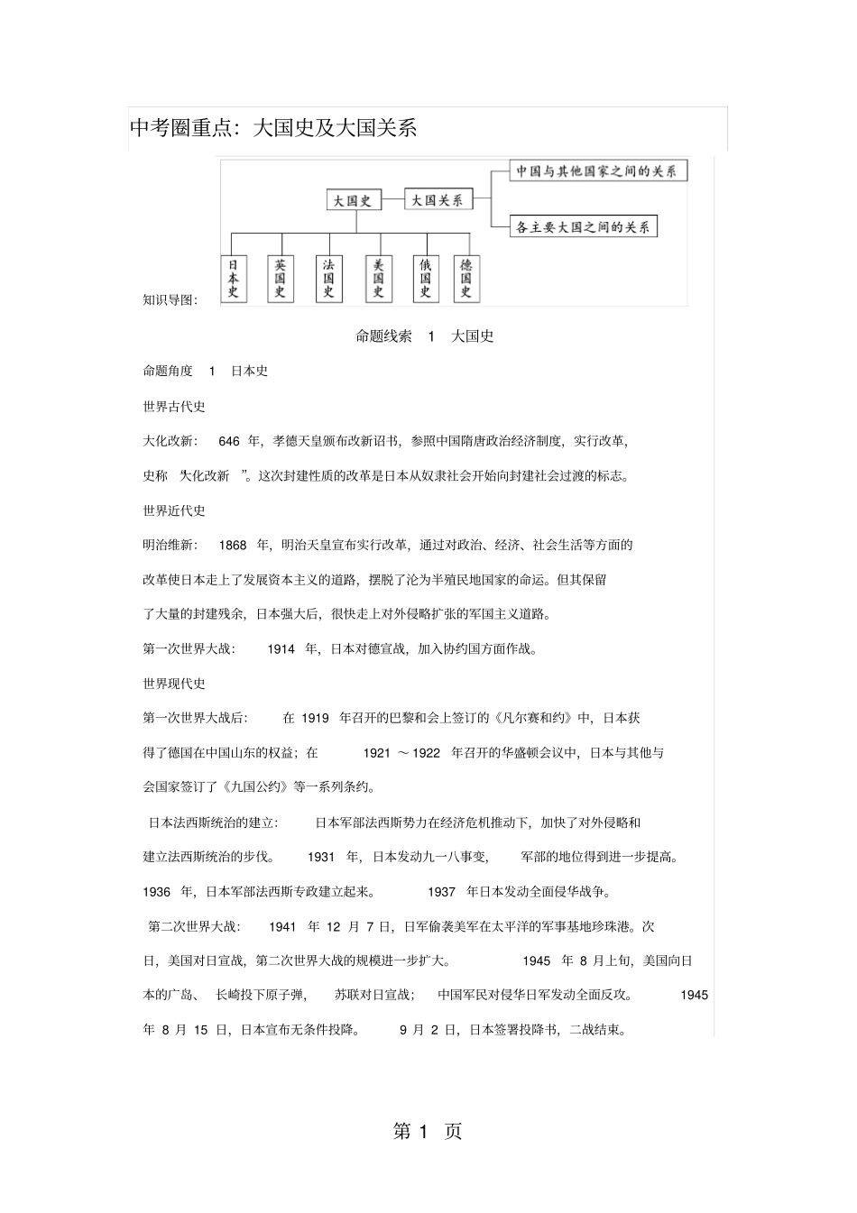 人教版2018历史中考圈重点：大国史及大国关系知识点_第1页