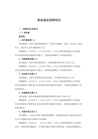 筹备酒店招聘岗位