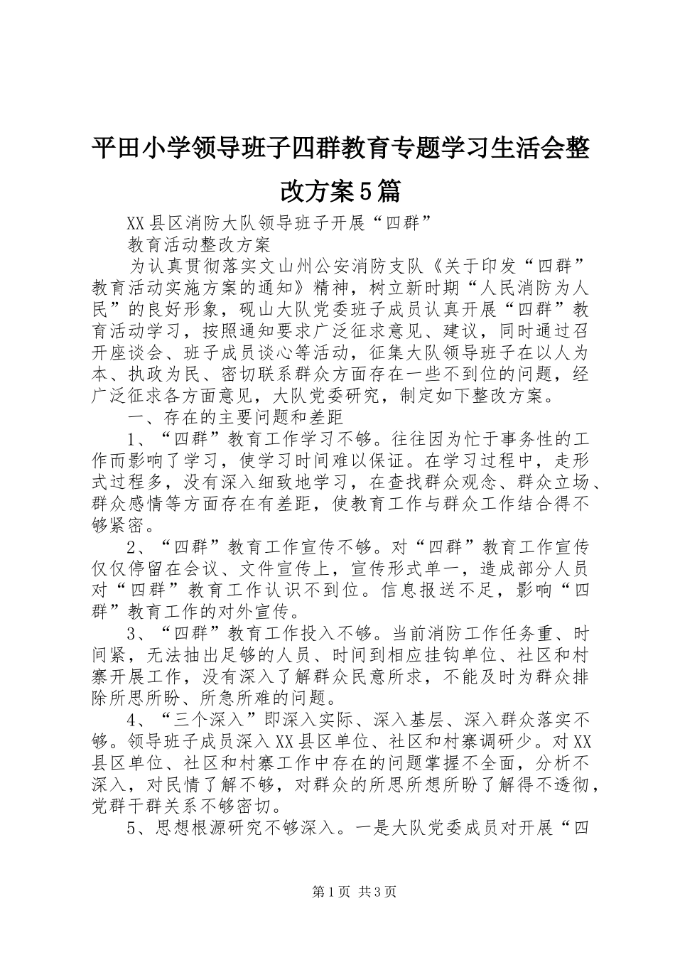 平田小学领导班子四群教育专题学习生活会整改实施方案5篇 _第1页