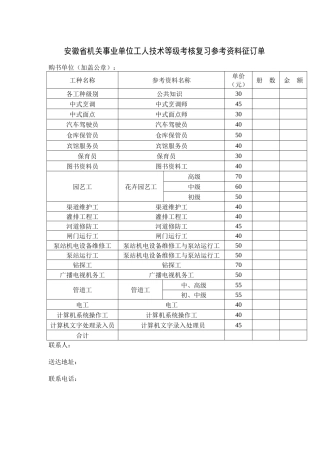 安徽省机关事业单位工人技术等级考核复习参考资料征订单